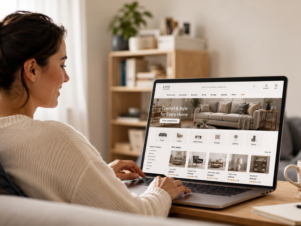 woman browsing a furniture ecommerce store on her laptop