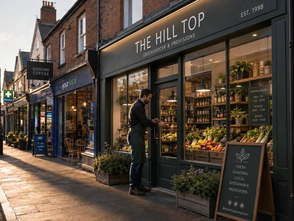 shop keeper opening his shop in the morning on british high street