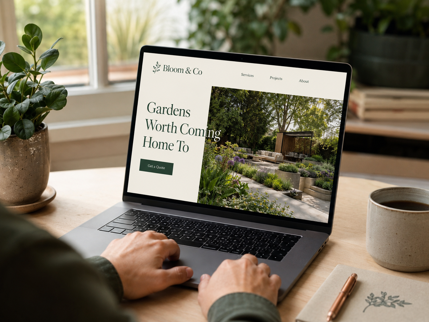 Custom-designed WordPress website displayed on a laptop in a bright home office.