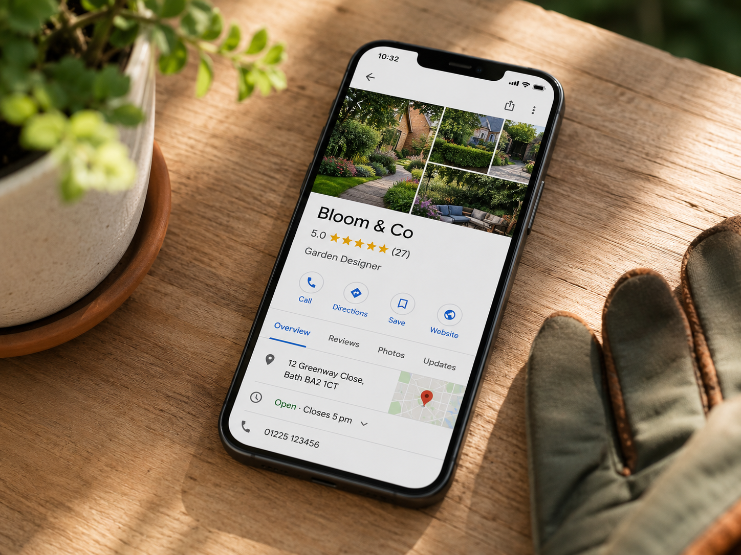 Fully optimised Google Business Profile with reviews, business details and project photos.