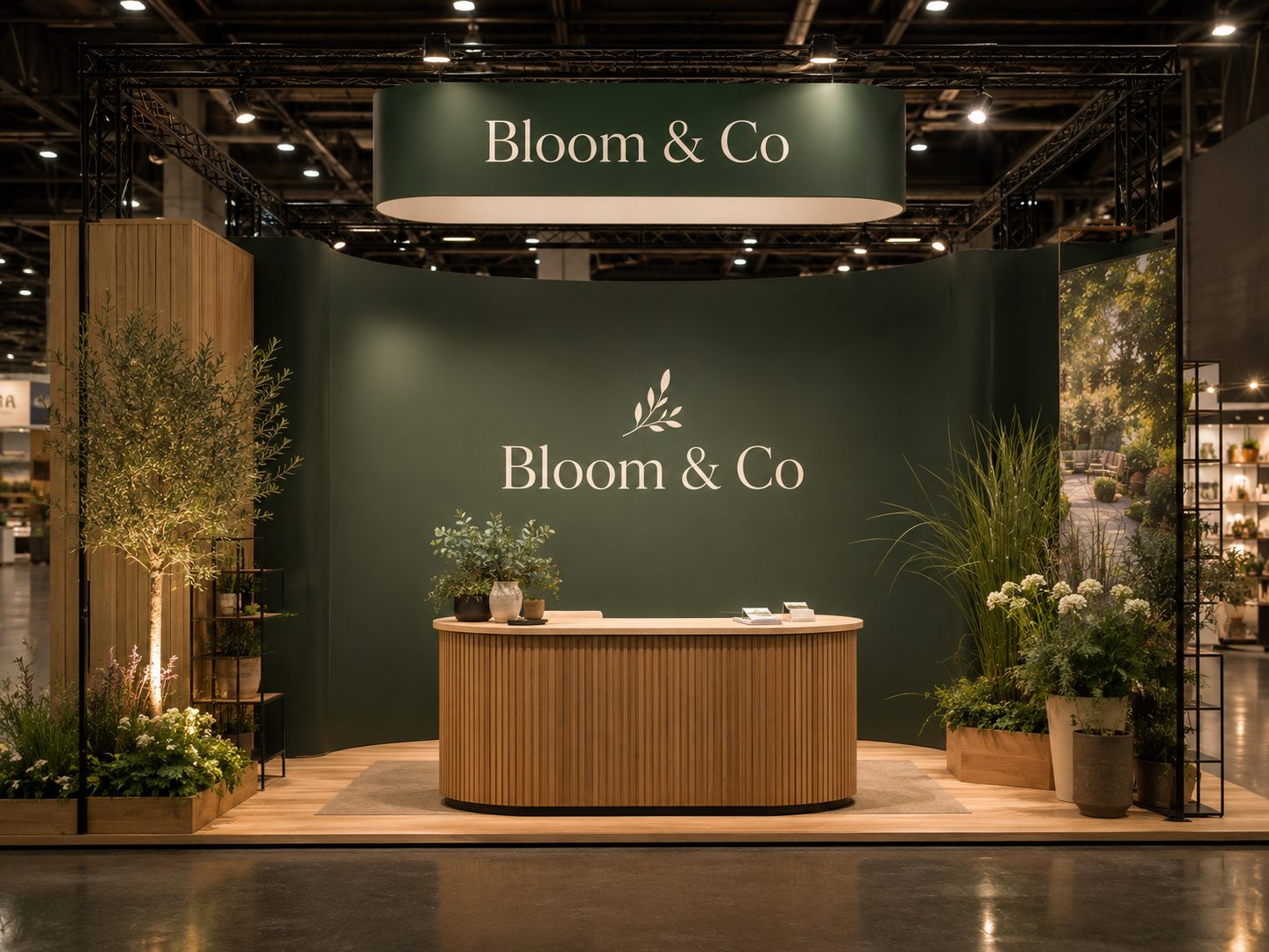 Custom-designed exhibition stand with branded signage, display lighting and reception counter.