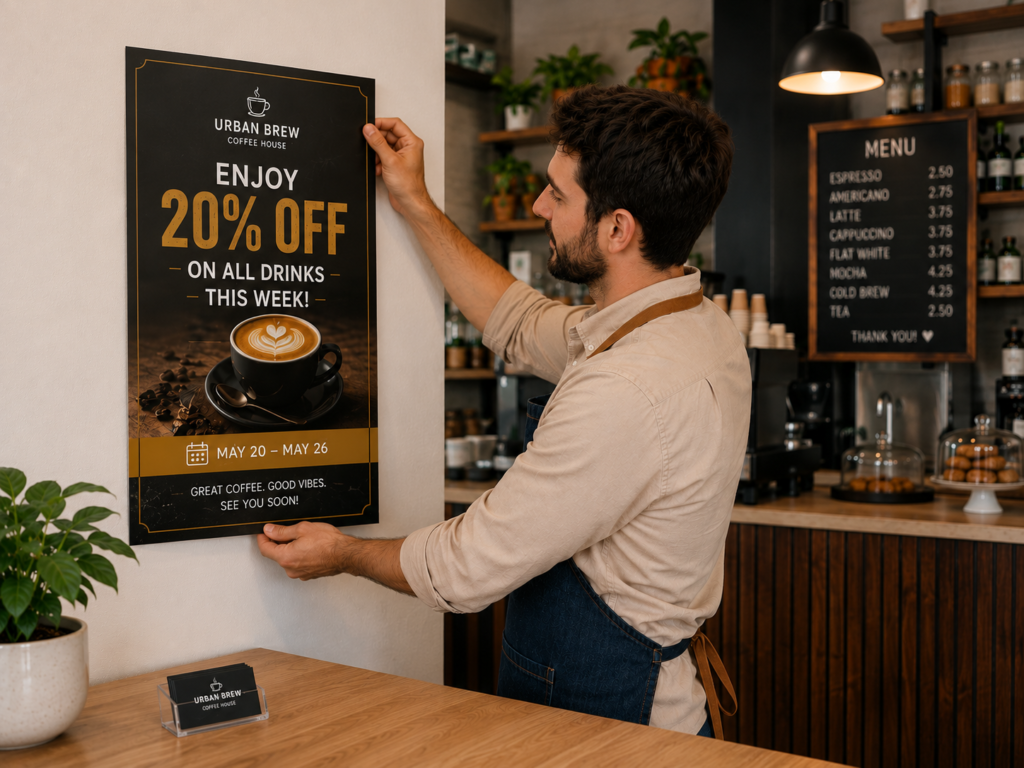 shop owner putting up new printed promo poster and setting up business cards