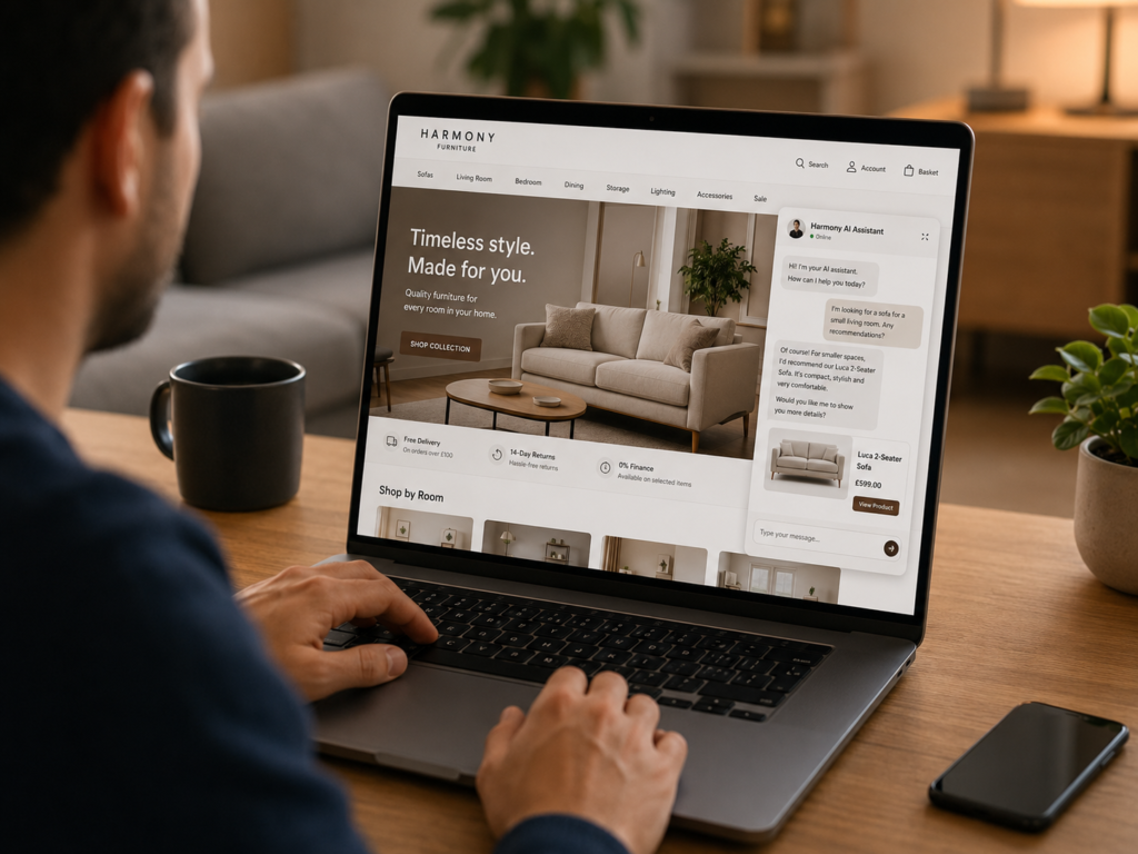 Person using a laptop to chat with an AI assistant on a furniture retailer's website, asking for help choosing a sofa while browsing an online furniture store.