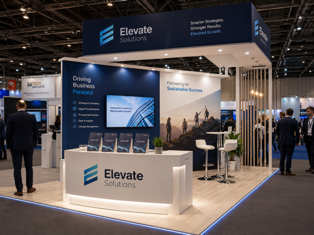 Exhibition stand at a trade show with prominent “Elevate Solutions” branding, a white branded reception counter displaying flyers, large wall graphics, a screen, and a small seating area inside the booth.