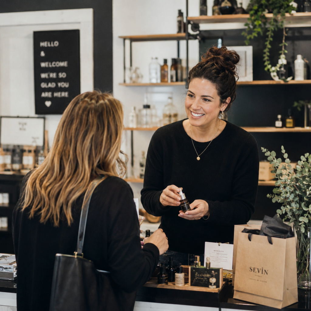 Business owner smiling while helping a customer choose a product inside a modern independent boutique.