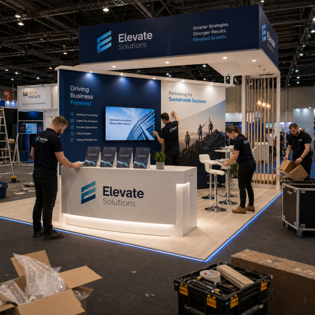 Exhibition team setting up a branded trade show stand with display materials, furniture, tools and equipment.