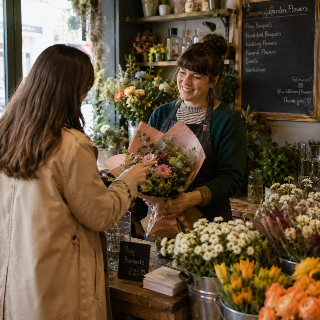 Business owner smiling while helping a customer choose a hand-tied bouquet in an independent flower shop.