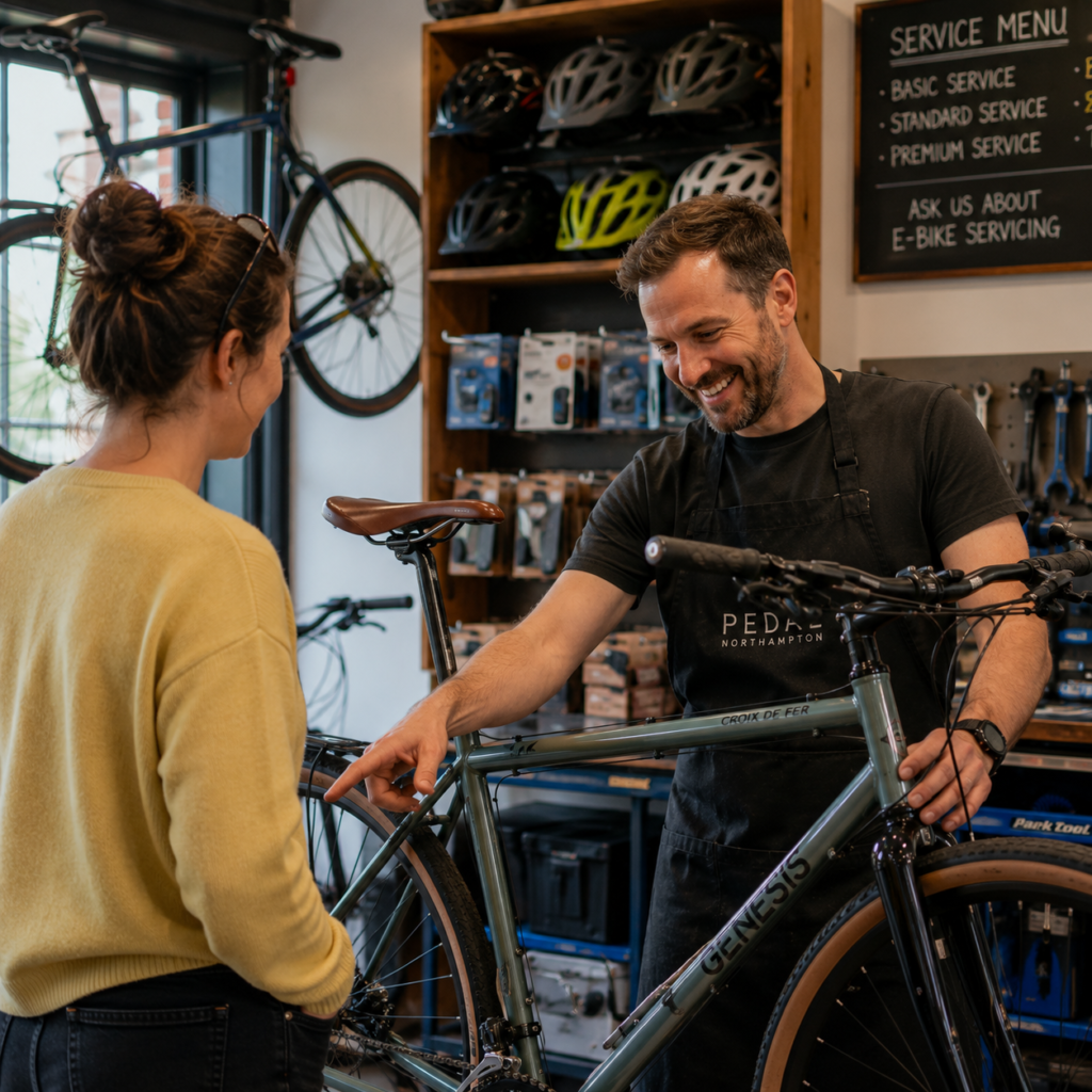 Bicycle shop owner smiling while explaining a bike feature to a customer inside a local repair shop.