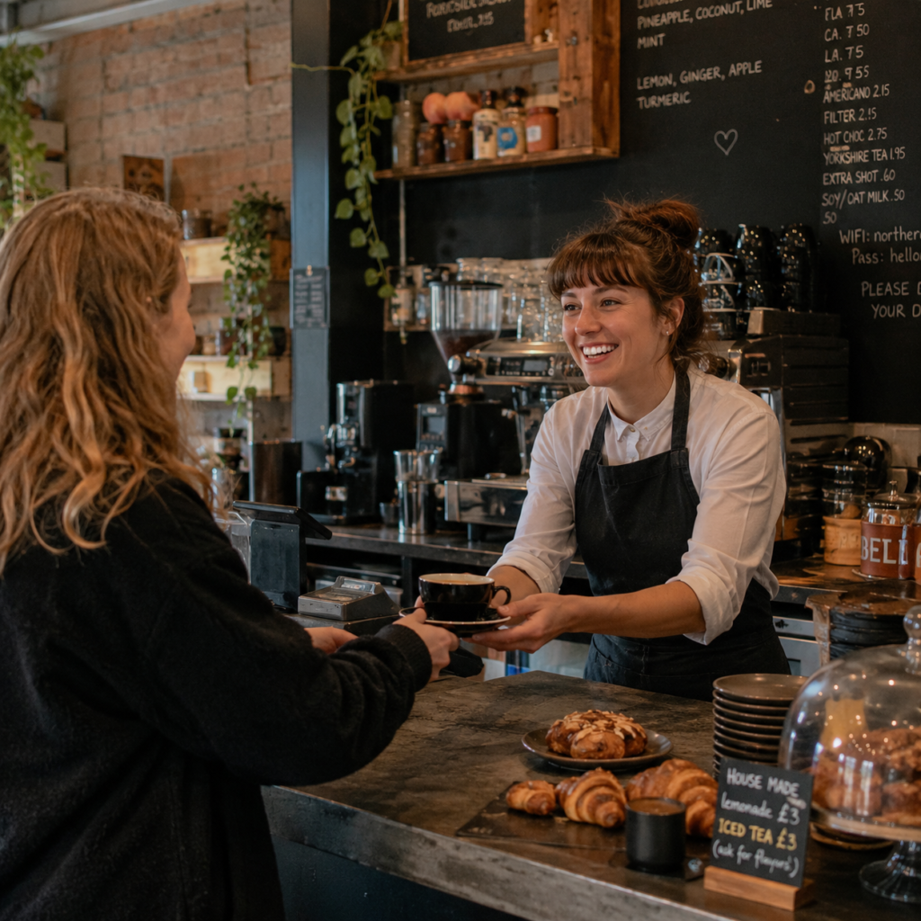 Café owner smiling as she serves a hot drink to a customer across the counter.