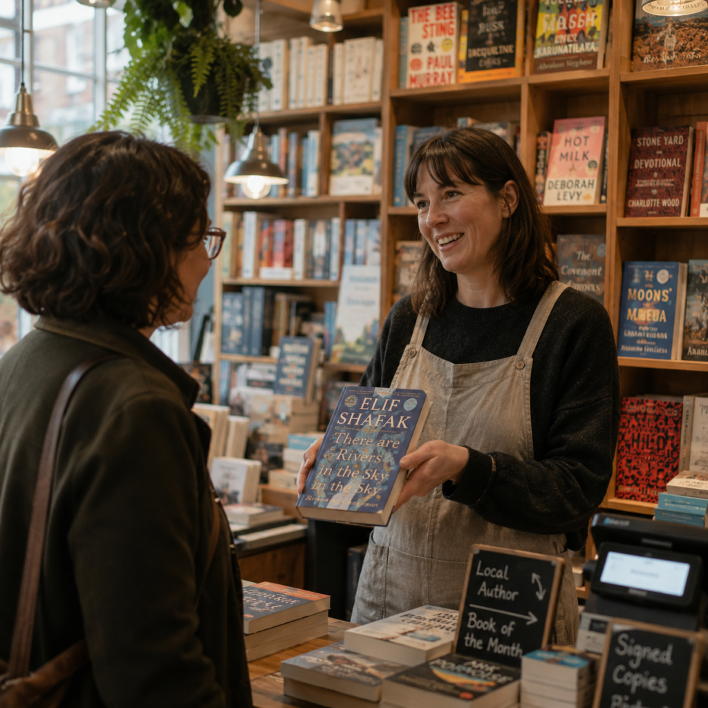 Independent bookshop owner smiling while recommending a book to a customer.