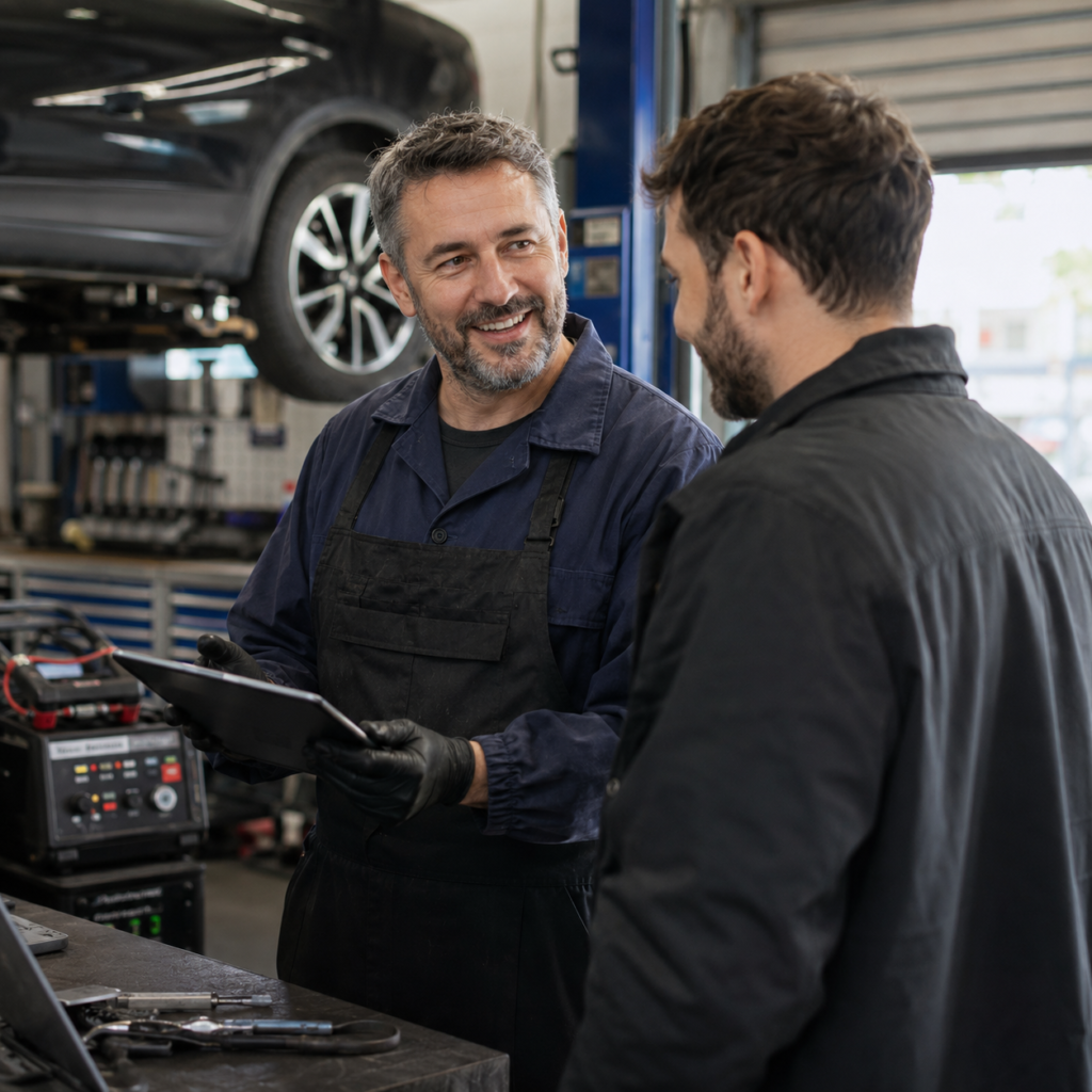 A friendly auto mechanic explains repair options to a customer inside a clean automotive workshop while standing beside a vehicle.