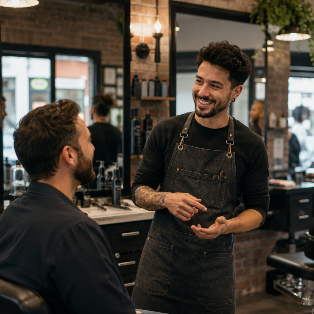 A friendly barber consults with a customer inside a modern barbershop, discussing grooming services with a welcoming smile.
