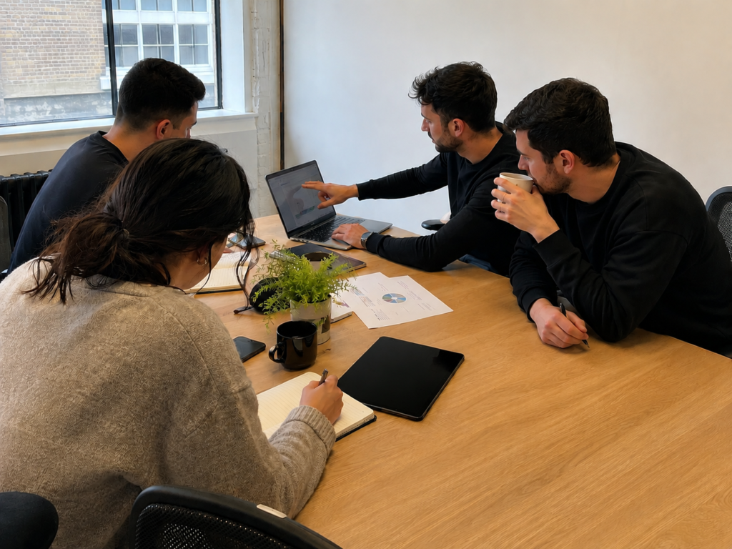 A candid photo of four young marketing professionals collaborating around a meeting table in a modern office, reviewing laptops, reports, and notes during a brainstorming session illuminated by natural daylight.
