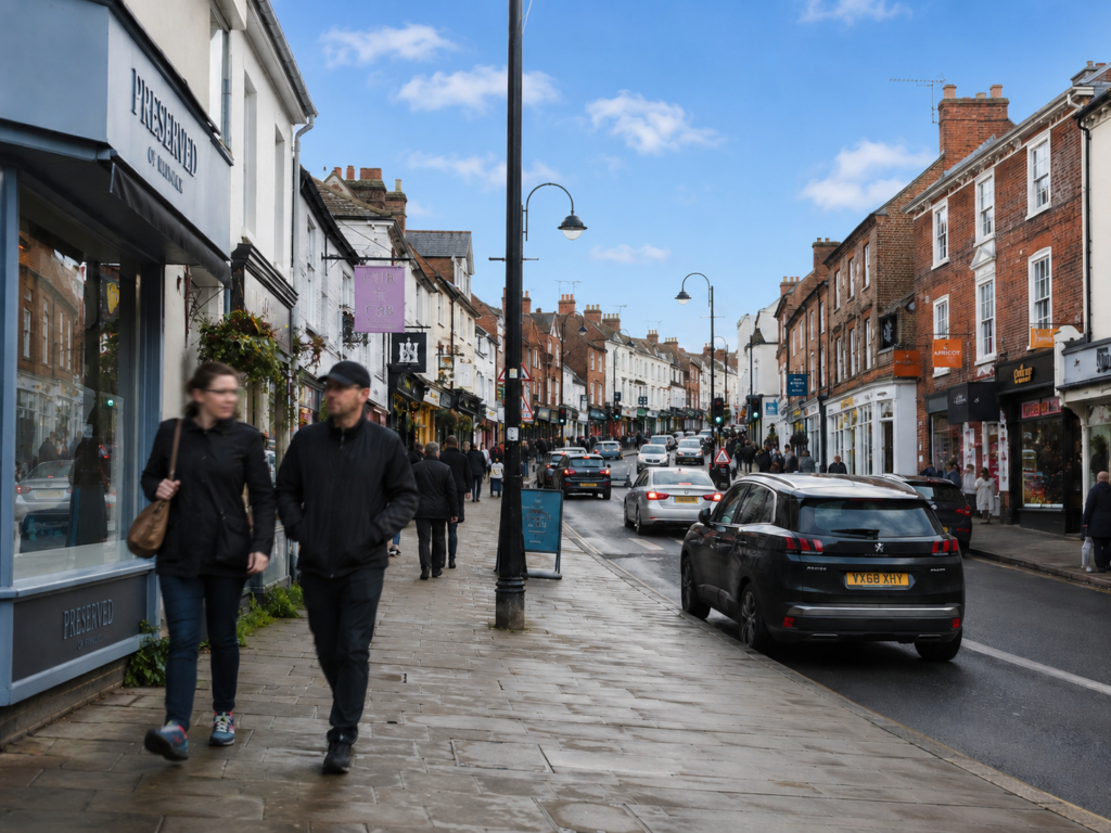 Busy town centre high street with independent shops, pedestrians and blue skies